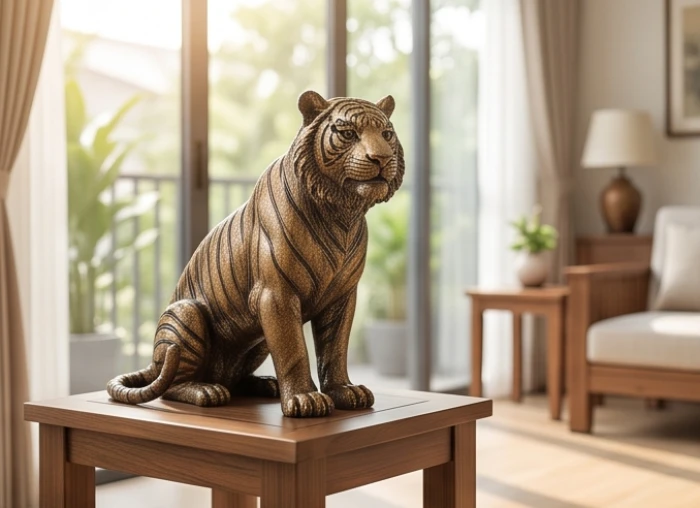 Tượng hổ phong thủy uy nghi bằng đồng bài trí gần cửa sổ lớn trong phòng khách rộng rãi