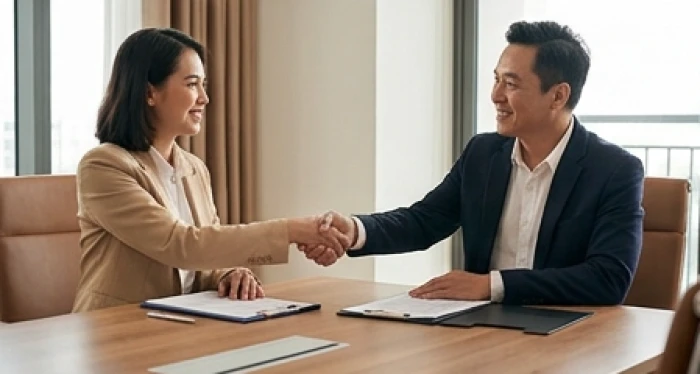 Nhóm đối tác bắt tay hài lòng sau buổi ký kết thể hiện sự hòa hợp làm ăn và tính cách tuổi tuất trung thực tín nghĩa