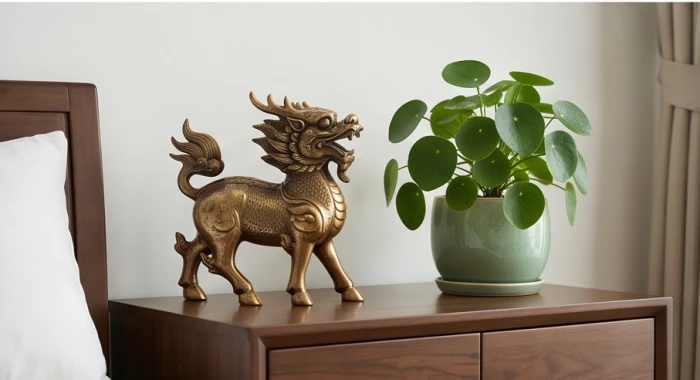 Tượng Kỳ Lân bằng đồng đặt góc phòng ngủ kết hợp chậu cây xanh giúp điều hòa năng lượng cho tuổi Ất Dậu