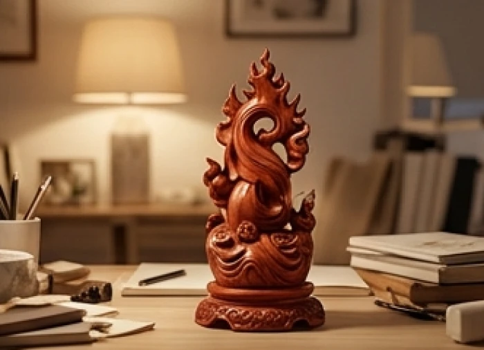 Tượng điêu khắc từ gỗ tự nhiên màu đỏ sẫm mang hỏa khí phù hợp cho người mệnh Hỏa