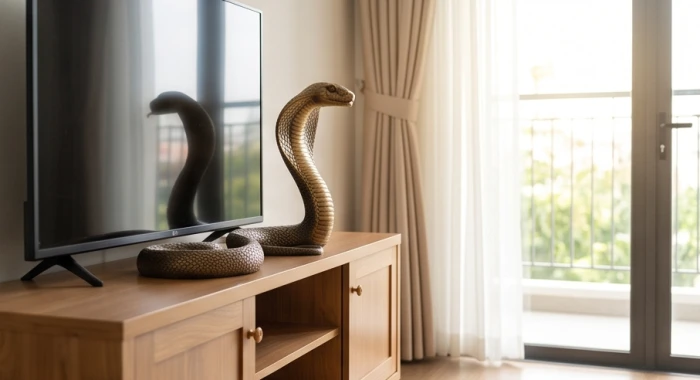 Tượng linh vật Rắn bằng đồng thau chạm khắc tinh xảo đặt trên kệ tivi hướng ra phía cửa sổ đón nắng