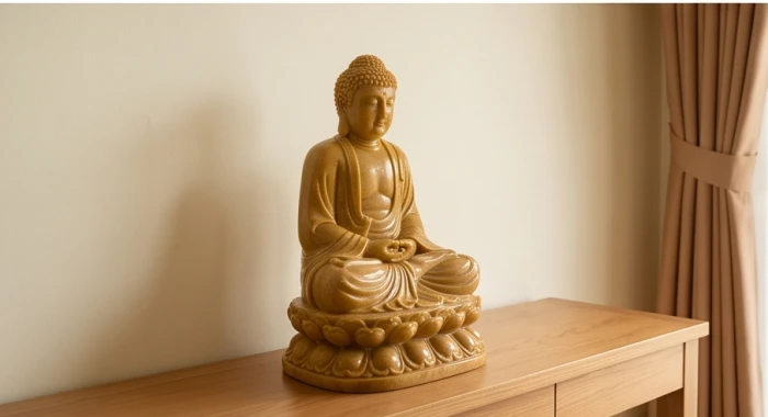 Tượng Phật bản mệnh A Di Đà bằng đá màu nâu vàng trang trọng trong không gian sinh hoạt chung giúp hòa giải xung khắc