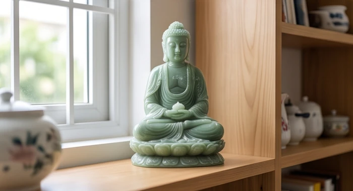 Tượng Phật bản mệnh A Di Đà bằng đá ngọc bích đặt trang trọng trên kệ phòng khách người tuổi Ất Dậu
