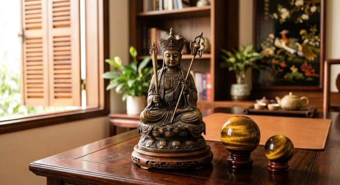 Tượng Phật Hư Không Tạng Bồ Tát bằng đồng đặt trên bàn làm việc hỗ trợ cân bằng năng lượng phong thủy