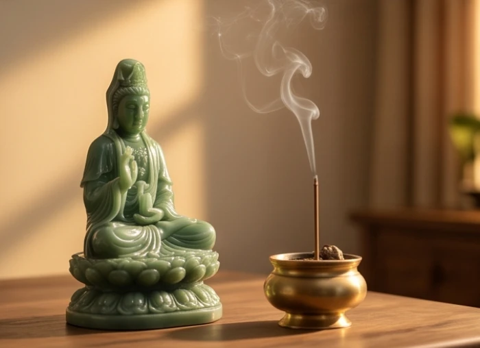 Không gian thờ cúng nhỏ gọn thanh tịnh với tượng Đại Thế Chí Bồ Tát bằng đá xanh và lư hương trầm