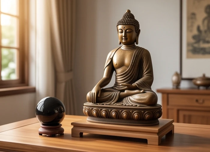Tượng Phật Đại Nhật Như Lai bằng đồng được đặt trang trọng trong phòng khách