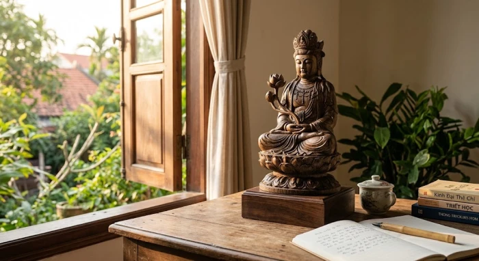 Tượng Phật Bản Mệnh Đại Thế Chí Bồ Tát bằng gỗ trầm hương được bài trí trang trọng trên bàn làm việc hướng Đông