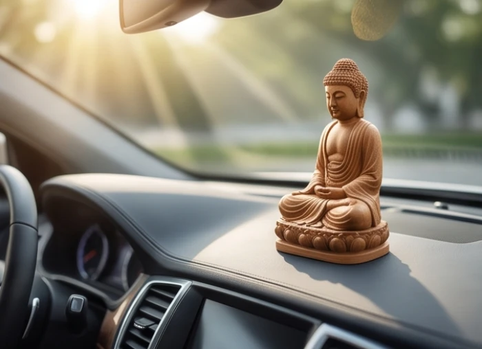 Tượng Phật bản mệnh chạm khắc tinh xảo đặt trang trọng trên taplo xe ô tô mang lại bình an