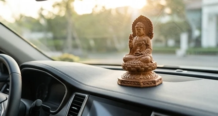 Tượng Phật bản mệnh Hư Không Tạng Bồ Tát bằng gỗ tinh xảo được đặt cân đối trên taplo xe ô tô hiện đại