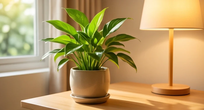 Chậu cây xanh tươi mát đặt bên cạnh ánh đèn ấm áp tượng trưng cho sự tương sinh Mộc sinh Hỏa bền vững