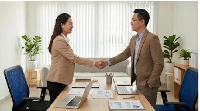 Hai doanh nhân thảo luận chiến lược hợp tác phát triển kinh doanh trên nguyên tắc ngũ hành tương sinh