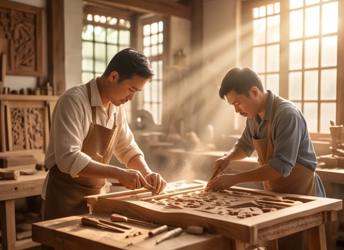 Hai người thợ thủ công cẩn thận chạm khắc đồ gỗ mỹ nghệ trong một xưởng sản xuất ngập tràn ánh sáng