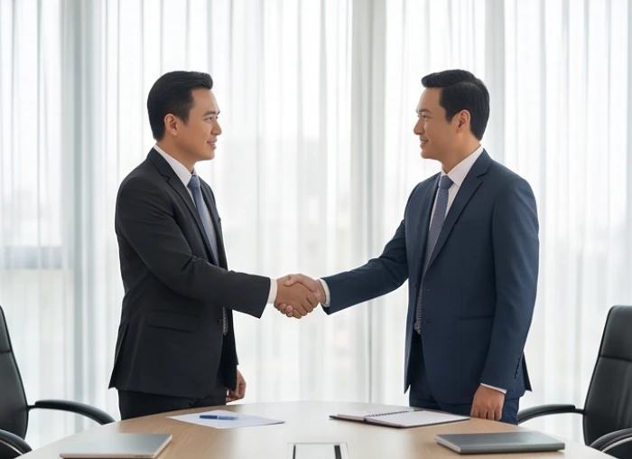 Hai người đàn ông bắt tay nhau trong một cuộc họp kinh doanh thể hiện sự tương hợp và cộng hưởng năng lượng.