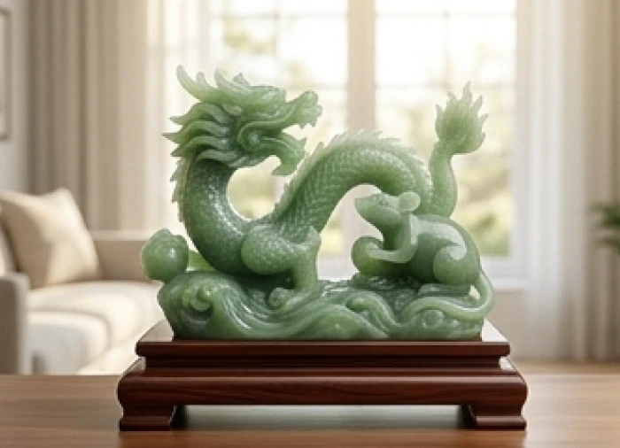 Tượng Rồng và Chuột bằng ngọc đặt cạnh nhau trên kệ gỗ trong phòng khách