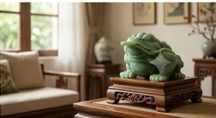 Tượng Cóc Ngậm Tiền bằng ngọc bích đặt hướng vào trong nhà tại góc phòng khách sang trọng