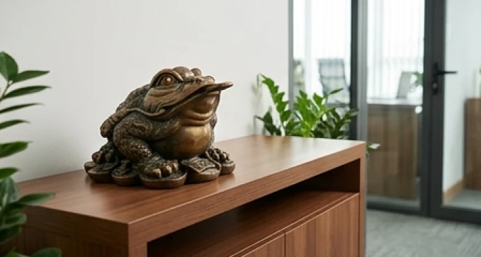 Tượng cóc ngậm tiền Thiềm Thừ bằng đồng đặt tại góc Tụ Tài văn phòng giúp thu hút sinh khí và tài lộc