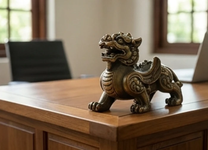 Tượng Tỳ Hưu bằng đồng uy nghi đặt vững chãi ở góc Tây Bắc của chiếc bàn làm việc bằng gỗ