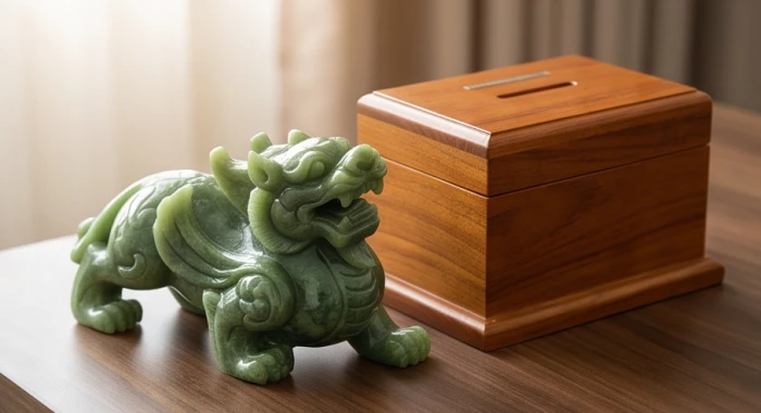Tượng tỳ hưu bằng đá tự nhiên chạm khắc tinh xảo đặt gần hộp gỗ đựng tiền và sổ kế toán trên bàn làm việc