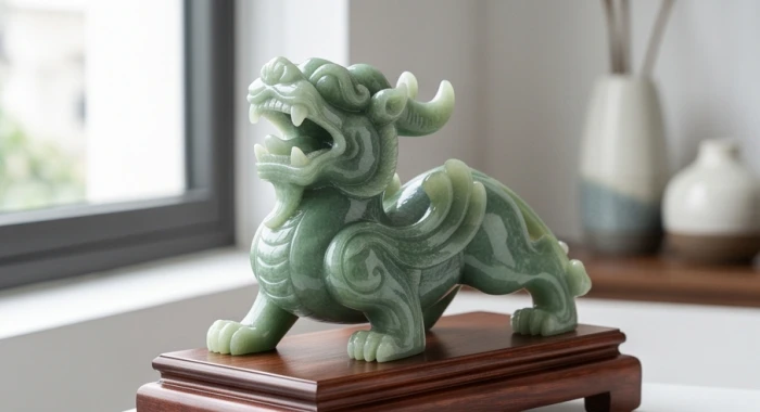 Cặp tượng Tỳ Hưu chiêu tài bằng ngọc bích xanh miệng rộng đặt trên bệ gỗ sang trọng trong phòng khách