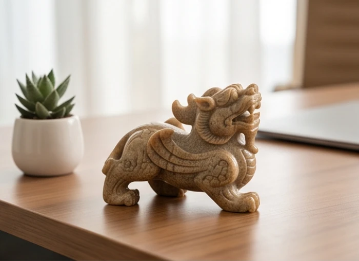 Tượng tỳ hưu bằng đá tự nhiên được bài trí cẩn thận trên bàn làm việc hướng Đông Nam