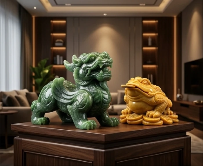 Tượng tỳ hưu chế tác thủ công từ đá tự nhiên nguyên khối và thiềm thừ ngọc hoàng long chạm khắc tinh xảo chi tiết