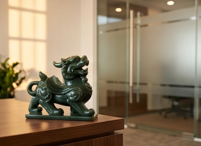 Tượng linh vật Tỳ Hưu đặt ở góc trái bàn làm việc hướng ra cửa chính văn phòng để điều hòa vượng khí