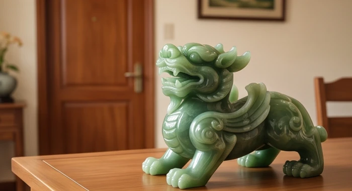 Tượng Tỳ Hưu bằng đá cẩm thạch đặt hướng đầu ra cửa chính trên bàn làm việc