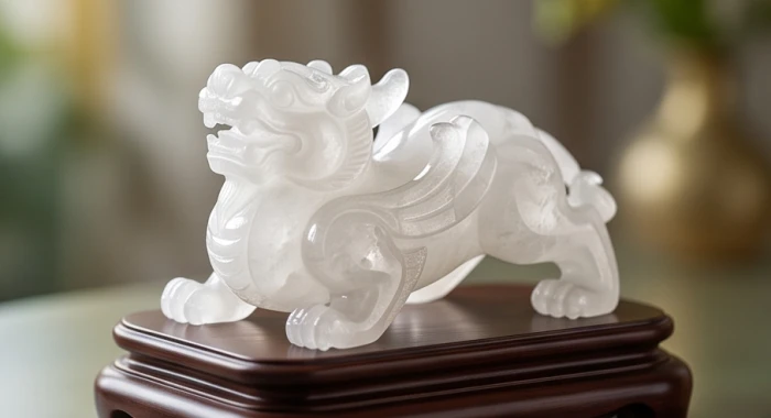 Tượng tỳ hưu chế tác bằng đá thạch anh trắng tự nhiên phù hợp với người mệnh thủy để bảo toàn trường khí