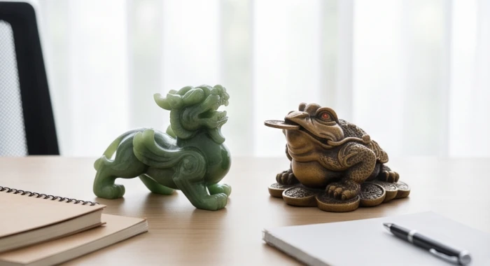 Cặp tượng Tỳ Hưu ngọc bích và Thiềm Thừ ngậm tiền xu đặt cân đối trên bàn làm việc hiện đại