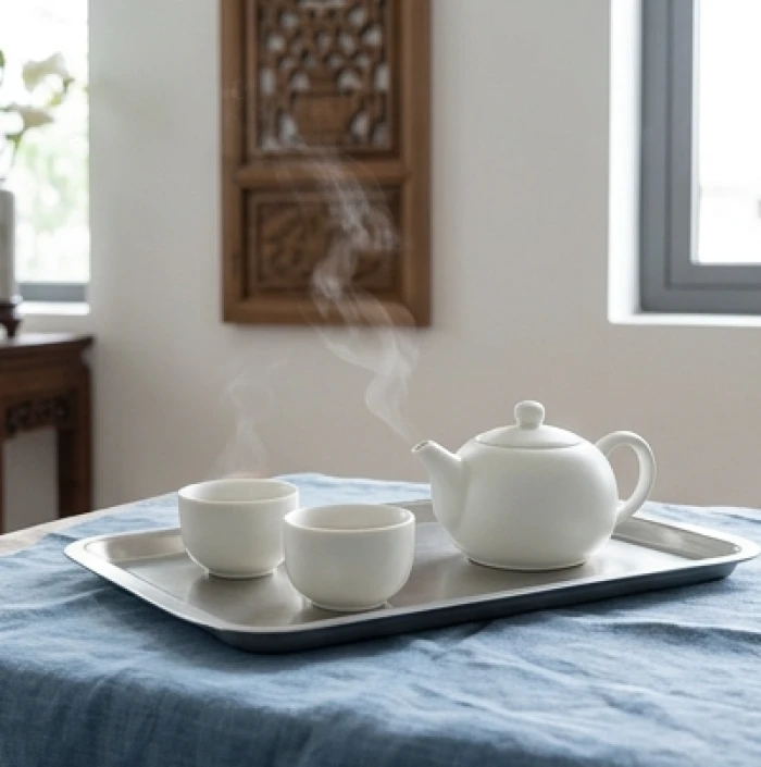 Trà cụ bằng gốm sứ trắng đặt cạnh khay nước tượng trưng cho sự tĩnh lặng của Tuyền Trung Thủy