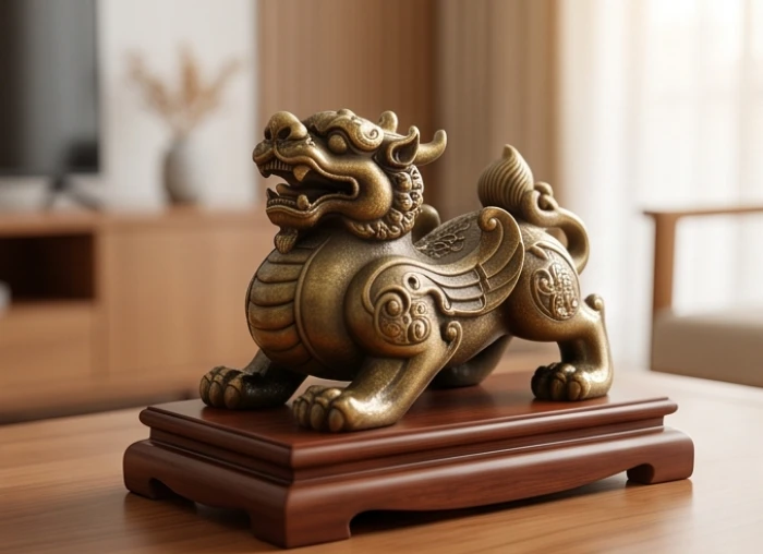 Tượng linh vật tỳ hưu bằng đồng nguyên khối có hình dáng miệng rộng và mông nở đặt trên kệ sách