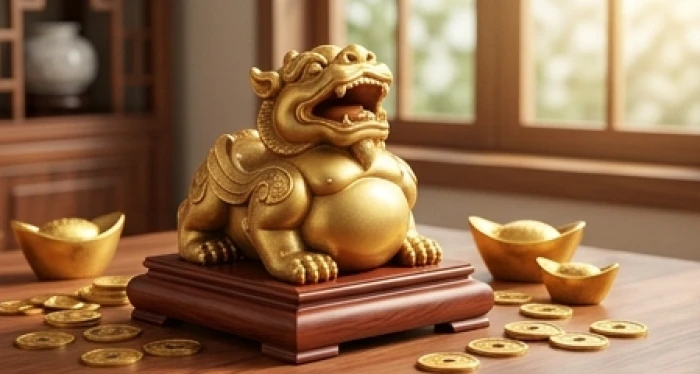 Linh vật tỳ hưu phong thủy tuổi sửu miệng rộng bụng to đặt trên bệ gỗ tự nhiên thu hút kim tiền báu vật