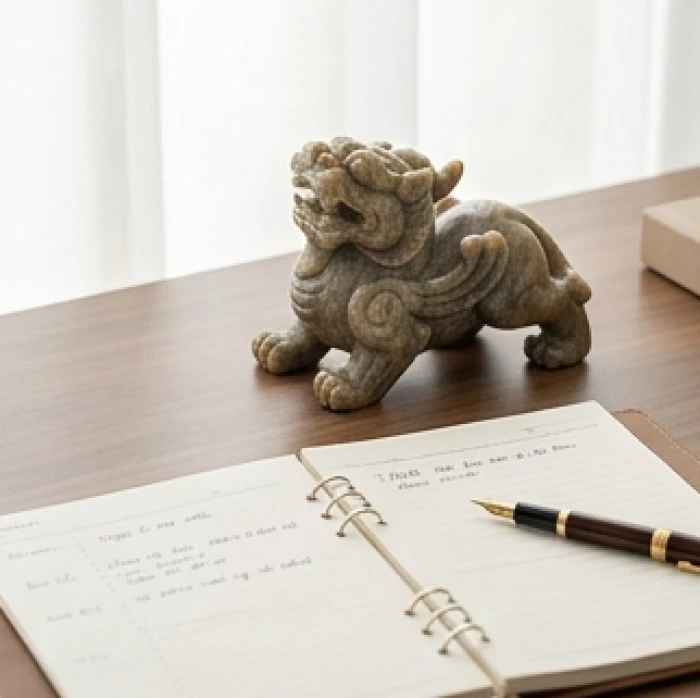Tượng tỳ hưu đá uy nghi đặt cạnh sổ tay làm việc giúp người tuổi Tý giữ gìn tài sản và hạn chế hao hụt