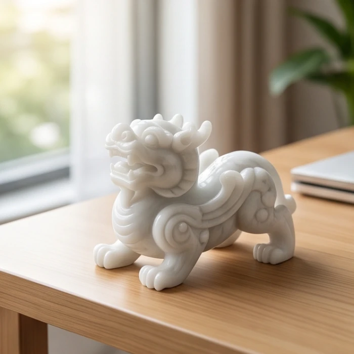 Tỳ hưu đá cẩm thạch trắng đặt trên bàn làm việc hỗ trợ cân bằng trường khí và hóa giải xung khắc mệnh Tích Lịch Hỏa