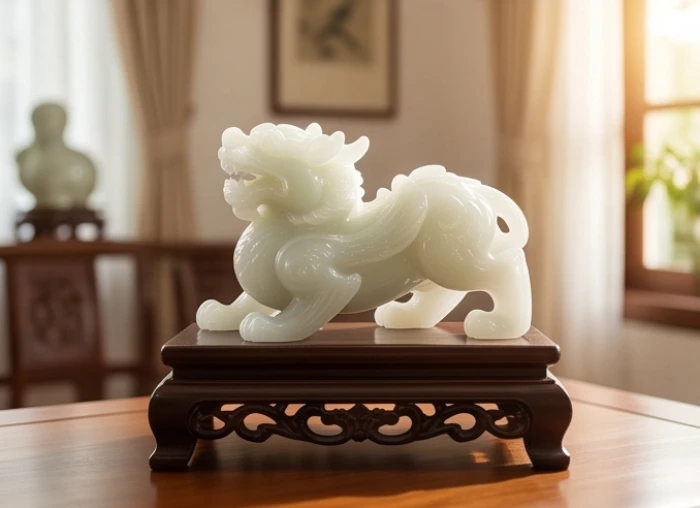 Tượng linh vật Tỳ hưu bằng đá cẩm thạch trắng chạm khắc tinh xảo đặt trên đôn gỗ phòng khách hướng ra cửa chính