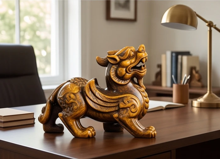 Bàn làm việc trưng bày bức tượng Tỳ Hưu chế tác nguyên khối từ đá mắt hổ nâu vàng trang nghiêm