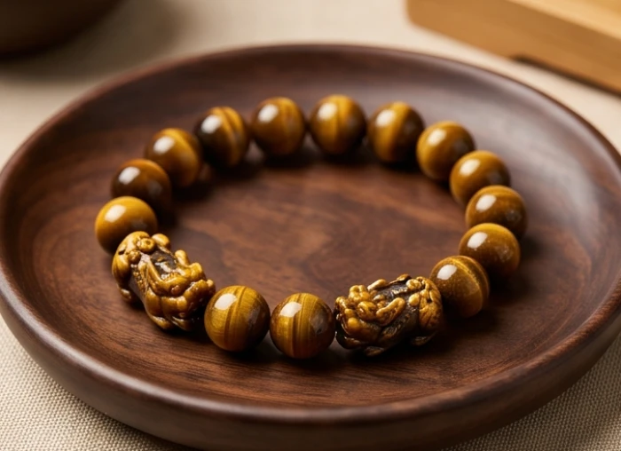 Vòng tay tỳ hưu đá mắt hổ vàng nâu vân lụa óng ánh dành cho người tuổi bính thìn mệnh thổ