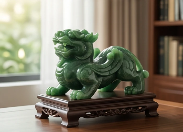 Tượng tỳ hưu bằng đá ngọc bích màu xanh nước biển bài trí trên kệ sách cho gia chủ tuổi Mậu Tuất