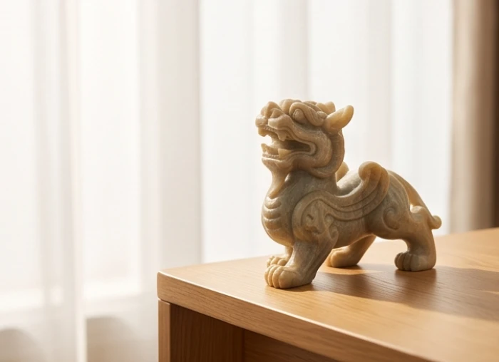 Bức tượng Tỳ Hưu bằng đá tự nhiên được đặt ngay ngắn trên góc bàn làm việc hướng ra cửa sổ để thu hút vượng khí