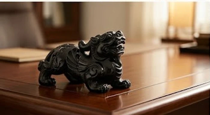 Tượng tỳ hưu bằng đá phong thủy màu đen được đặt trang trọng trên bàn làm việc để thu hút tài lộc