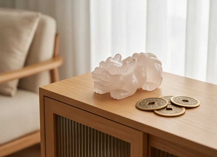Tỳ Hưu đá thạch anh tự nhiên và chuỗi tiền xu Ngũ Đế đặt trang trọng trong phòng khách
