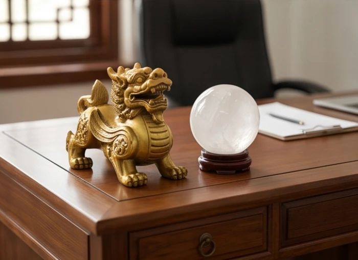 Vật phẩm phong thủy bằng đồng và đá thạch anh trắng được đặt góc trái bàn làm việc