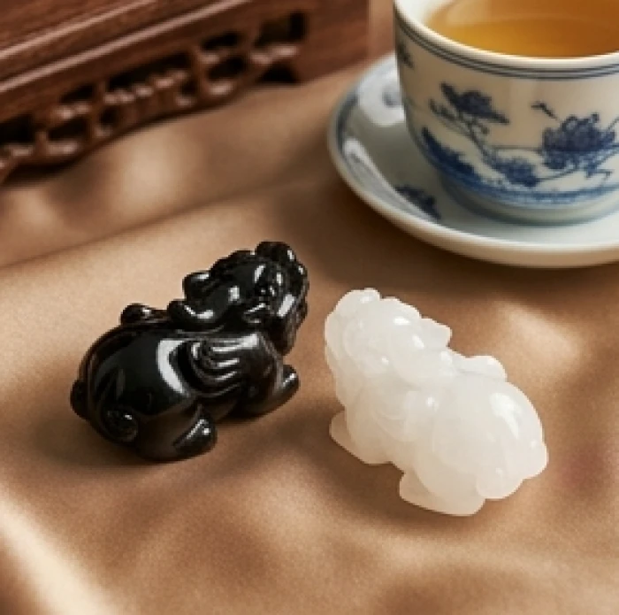 Mặt dây chuyền tỳ hưu đá thủy tinh núi lửa đen và thạch anh trắng dành cho người tuổi ất dậu