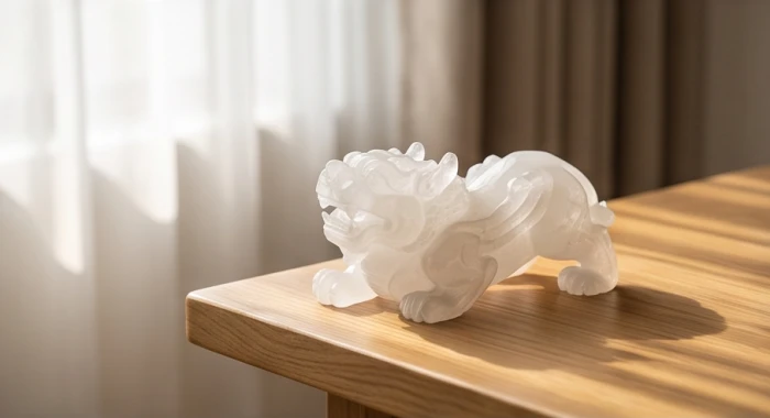 Tỳ hưu đá thạch anh trắng tự nhiên đặt tại góc bàn làm việc hợp bản mệnh kim sinh thủy cho tuổi sửu