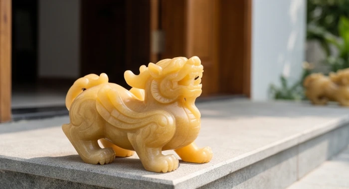 Tỳ hưu đá tự nhiên màu vàng nâu được bố trí trang trọng tại bậc thềm cửa chính giúp bảo vệ gia đạo cho tuổi canh thìn 1940