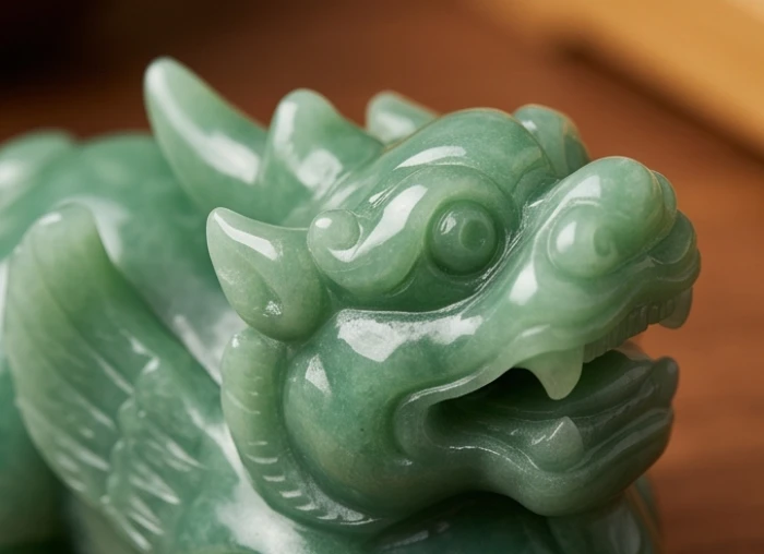 Chi tiết cặp mắt lồi to tròn và sừng nhọn sắc nét của tỳ hưu đá thạch anh xanh nguyên khối