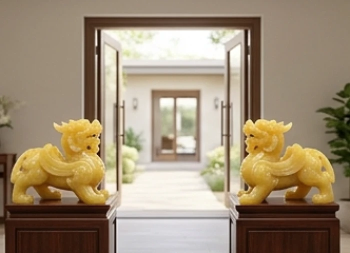 Cặp tượng Tỳ Hưu ngọc hoàng long hướng mặt ra ngoài cửa lớn để đón cát khí