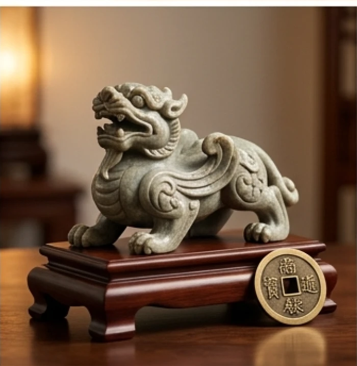Đồng xu Hoa Mai và tượng Tỳ Hưu phong thủy được bài trí trang trọng nhằm hóa giải sát khí.