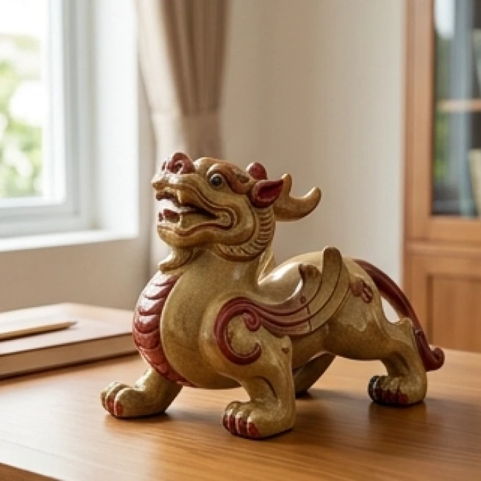 Tượng linh thú bằng gốm sứ men nâu đất điểm xuyết hoa văn đỏ sang trọng hợp mệnh Thành Đầu Thổ cho tuổi Mậu Dần 1998
