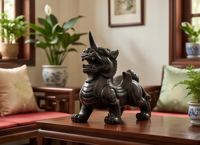 Tượng tỳ hưu tịch tà một sừng bằng đá thạch anh đen nguyên khối đặt tại phòng khách để trấn trạch